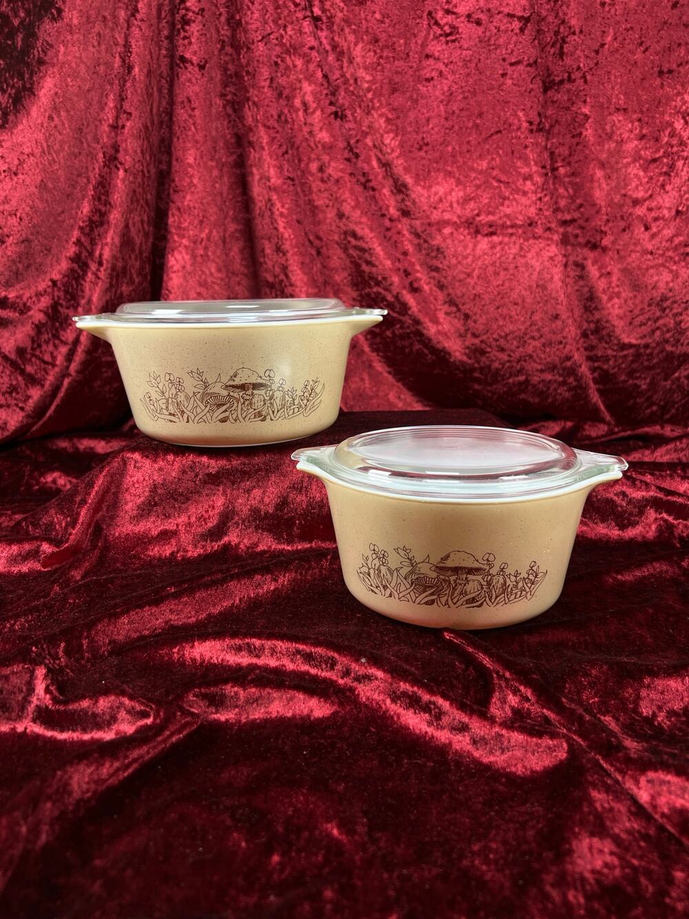 Vintage Pyrex Glass Casserole Dish Set - Forest Fancies Mushroom Pattern Brown